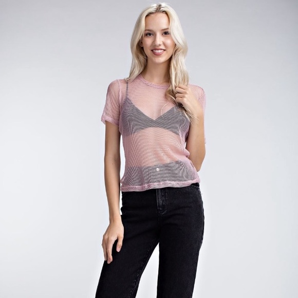 Honey Punch Sheer Fishnet Mesh Cropped Top In Pink - Picture 4 of 8